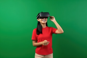 Young pretty asian woman in red shirt vr headset on the green screen background.