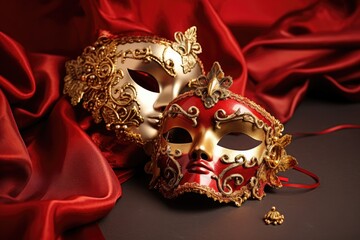 Festive Venetian carnival mask with gold decorations on red background.