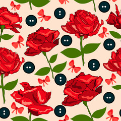 Red roses with black buttons and ribbons seamless vector repeat pattern.  Good for textile, fabric, tiles, decoration and more.