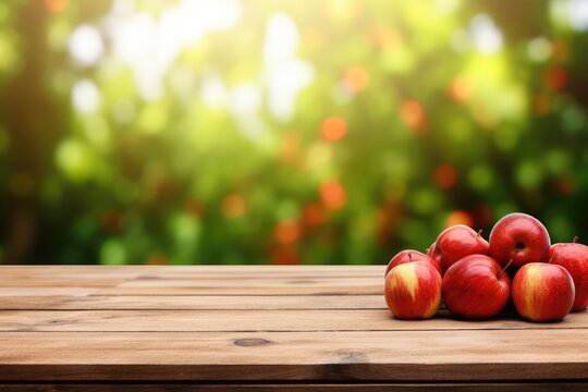 Wooden table top on blurred background orchard with apples