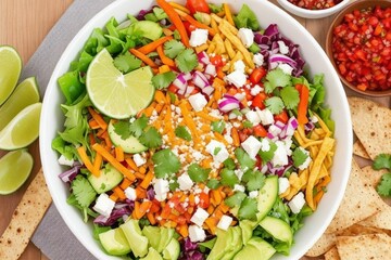 A delicious, This Mexican salad is full of delicious Latin-style flavors: colorful veggies, cilantro lime salad dressing, and crispy tortilla strips