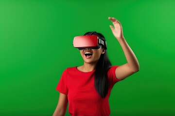 Young pretty asian woman in red shirt vr headset on the green screen background.