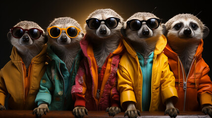 Meerkat in a group in a fashion outfit. Generative Ai