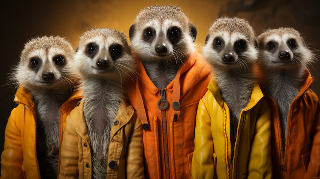Meerkat in a group in a fashion outfit. Generative Ai
