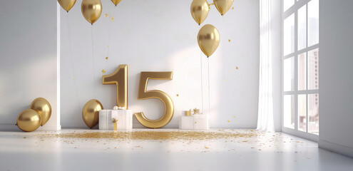Number 15, fifteen years,  with golden balloons in empty luxury white apartment. Balloons style font. Anniversary. Birthday surprise celebration concept with copy space. Photo zone. Generative ai