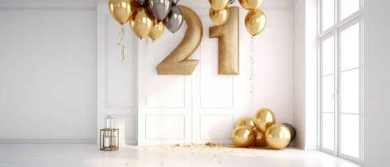 Number 21, twenty one years,  with golden balloons in empty luxury white apartment. Balloons style font. Anniversary. Birthday surprise celebration concept with copy space. Photo zone. Generative ai
