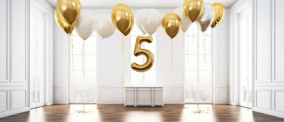 Number 5, five, fifth with golden balloons in empty luxury white apartment. Balloons style font. Anniversary. Birthday surprise celebration concept with copy space. Photo zone. Generative ai