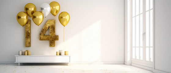 Number 14, fourteen years,  with golden balloons in empty luxury white apartment. Balloons style font. Anniversary. Birthday surprise celebration concept with copy space. Photo zone. Generative ai