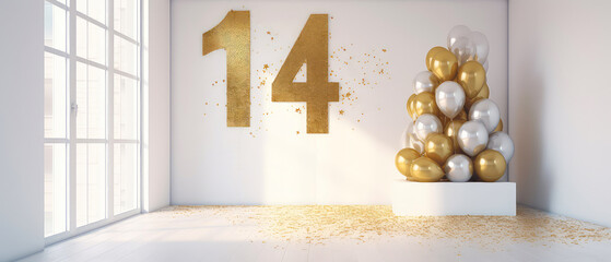 Number 14, fourteen years,  with golden balloons in empty luxury white apartment. Balloons style font. Anniversary. Birthday surprise celebration concept with copy space. Photo zone. Generative ai