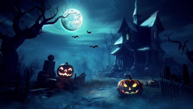 Halloween haunted house with bats, and pumpkins under scary full moon cinematic loop video animation background