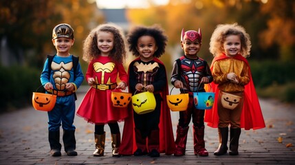 Adorable trick-or-treaters in cute superhero costumes holding out their candy bags. - obrazy, fototapety, plakaty