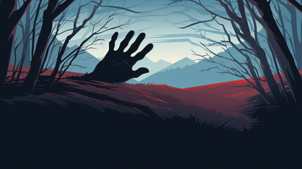 Creepy hands emerging from the ground, reaching out towards an unsuspecting victim. Halloween poster  or banner concept.