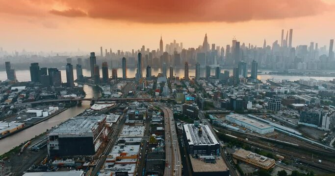 American manhattan city overview. Metropolis modern landmark buildings.