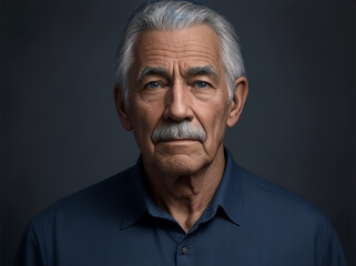 Fototapeta premium Elder man with grey hair and a blue shirt stands in front of a dark background by Generative AI
