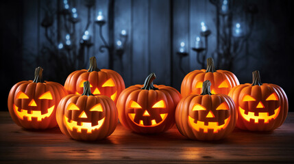 Obraz premium Vibrant orange pumpkins carved into wickedly grinning jack-o'-lanterns, ideal for adding a touch of spookiness to your Halloween social media posts