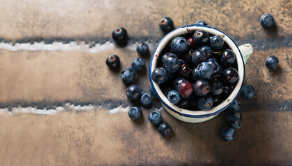 Organic fresh dark berries in vintage mug over rustic background with space for text, top view. Agriculture, Gardening, Harvest Concept.