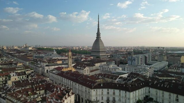 The drone aerial footage of Turin city centre with Mole Antonelliana, Piedmont region of Italy.