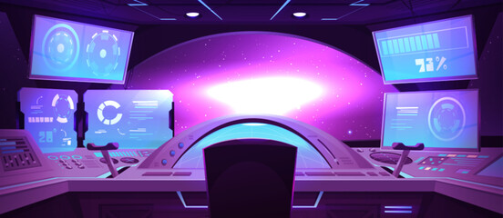 Spaceship cockpit inside and window cartoon vector background. Space ship cabin with futuristic panel and control station for astronaut or alien. Dashboard screen interface illustration in shuttle © klyaksun