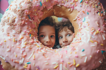 A beautiful pastel donut sprinkled with sweetness provides an irresistible birthday treat for two toddlers, captivating their imaginations as they peek through the hole in delight