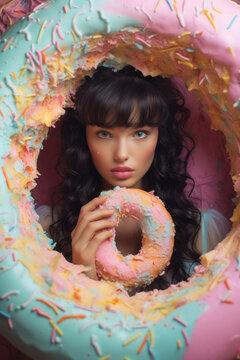 A beautiful young woman stands proudly, cradling a delicate pink donut adorned with colorful sprinkles, embodying the joy and indulgence of the perfect dessert