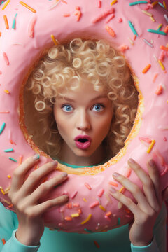 A beautiful girl with curly blonde hair stands inside, cradling a pastel pink donut topped with colorful sprinkles, radiating a sense of warmth and joy
