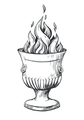 Zoroastrian fire altar, the incarnation of the god Ahura Mazda. Unquenchable flame in the goblet. Vector. Engraving style illustration. Ink drawing of a religious symbol of the ancient Iranians.