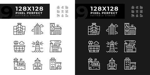 Fototapeta premium Pixel perfect dark and light mode icons representing various architecture, editable thin line illustration.