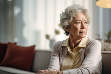 Fototapeta na wymiar Sad thoughtful grey haired woman sitting on sofa at home, looking at window away in deep unhappy thoughts, touching face, suffering from depression, apathy. Generative AI.
