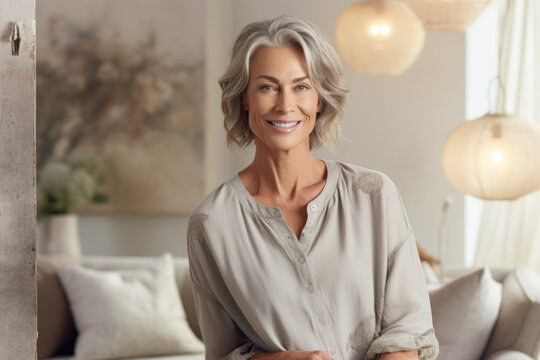Cheerful beautiful middle aged grey haired woman resting on comfortable sofa, looking away with toothy smile, thinking, daydreaming. Generative AI.