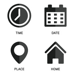Time Clock Icon, Date Calendar, Place Pin Location Address, Home Button, Business Icon Set, Office Hour, Schedule, Reminder, Plan Design Elements, Event, User Interface Symbol Vector Illustration