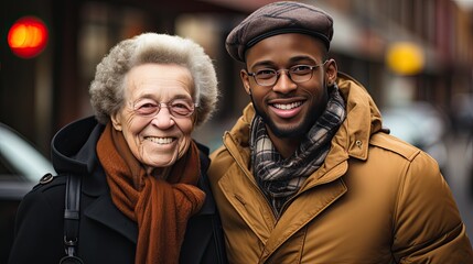 Fototapeta premium A young black man helping an elderly white woman across the street