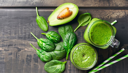 Close up of green fresh smoothie with avocado, green fruits and spinach on old wooden dark background, top view. Detox, dieting, clean eating, vegetarian, vegan, fitness, healthy lifestyle concept - Powered by Adobe