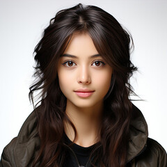 Naklejka premium Professional studio head shot of a sprightly 16-year-old Kazakhstani girl with a peppy look.