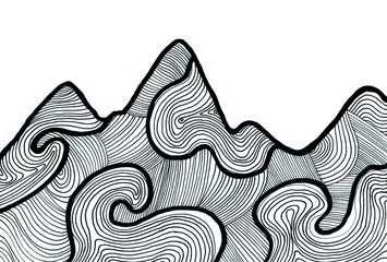 Doodle drawing of mountains. Black lines on a white background. Lines of different thickness. Curls, waves, strokes in different directions. Decor. Abstraction.