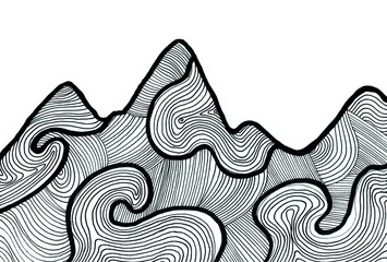 Poster Doodle drawing of mountains. Black lines on a white background. Lines of different thickness. Curls, waves, strokes in different directions. Decor. Abstraction. © Lesia