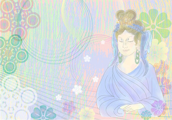 パステルの優しい華が広がる観音菩薩のいる背景