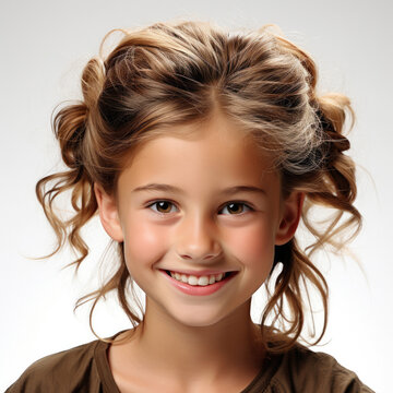 Professional studio head shot of a 10-year-old French girl with a mischievous and teasing grin.