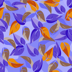 Seamless pattern with autumn leaves. Leaf fall of contrast purple and orange colors on blue abstract spots background. Colorful and saturated vector print for season design, wallpaper or textile.