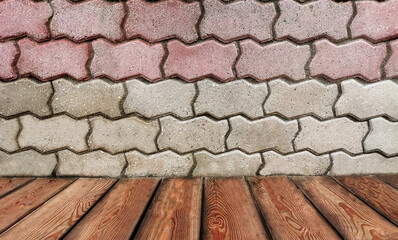 Brick block wall and wood plank floor texture background.  