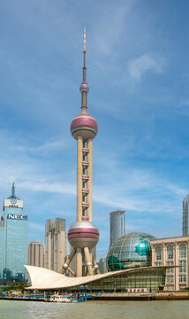 China Shanghai Pudong riverfront buildings and the pearl tower over Huangpu River.