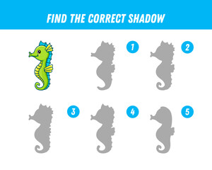 Find correct shadow of cute sea horse. Educational logical game for kids. Cartoon seahorse. 