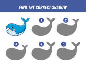 Find correct shadow of cute whale. Educational logical game for kids. Cartoon whale. 
