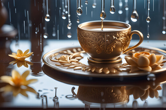 buveur de caf&eacute; en regardant par la fen&ecirc;tre un jour de pluie. Generative AI