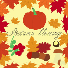 Thanksgiving lettering - Autumn blessings - hand-drawn lettering. Patterned Autumn symbols. Seamless pattern - Vector illustration.