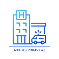 2D pixel perfect blue gradient hospital icon, isolated vector, building thin line illustration.