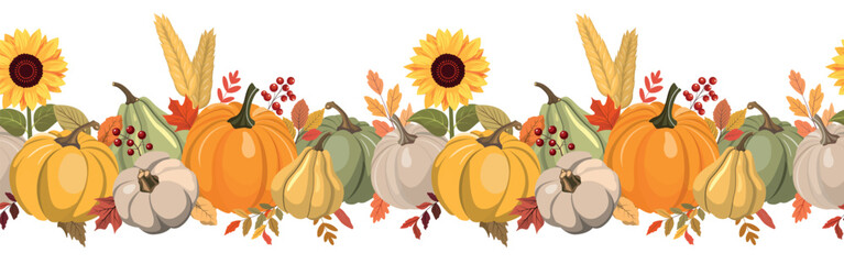 Cute autumn color pumpkins, berries, and leaves horizontal seamless pattern. Isolated on white background. Seasonal fall banner design for greeting or promotion.