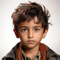 Professional studio head shot of a sullen 7-year-old Indian boy with a huff.