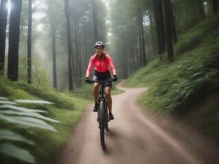 Female cyclist riding bicycle on mountain trail, woman on sports bike