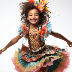 Studio shot of a Brazilian child in carnival costume dancing.