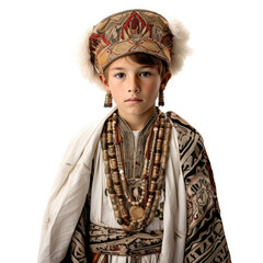 Studio shot of an Oroqen 8-year-old in traditional attire.